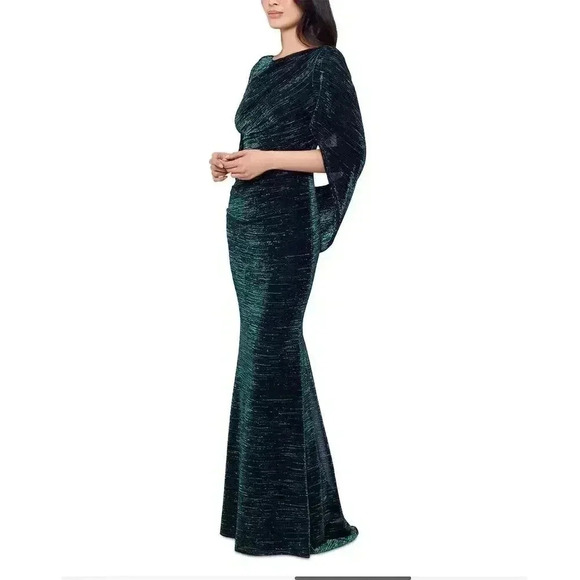Betsy & Adam Women's Green Cowlneck Cape-Back Foil Gown Formal Dress sz 10 - Picture 7 of 11